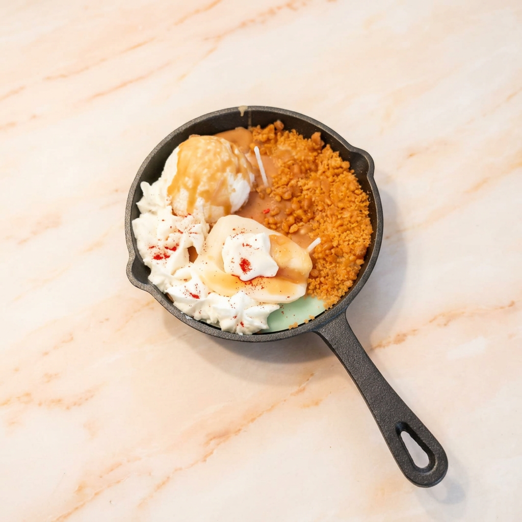 Pear Skillet handmade pear dessert candle on peach and cream marble